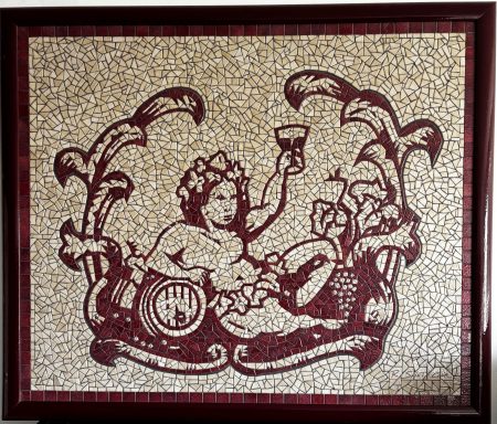 Mosaïque représentant un personnage mythologique tenant un verre, entouré de plantes.