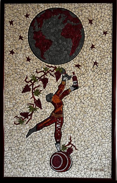 Une mosaïque représentant une figure tenant la Terre, entourée de vignes et d'étoiles.